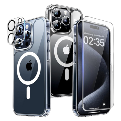 Komplet ovitek "Tauri MagSafe" + zaščitno steklo + zaščita za kamero za iPhone 15 Pro – PC + TPU silikon / Prozorna