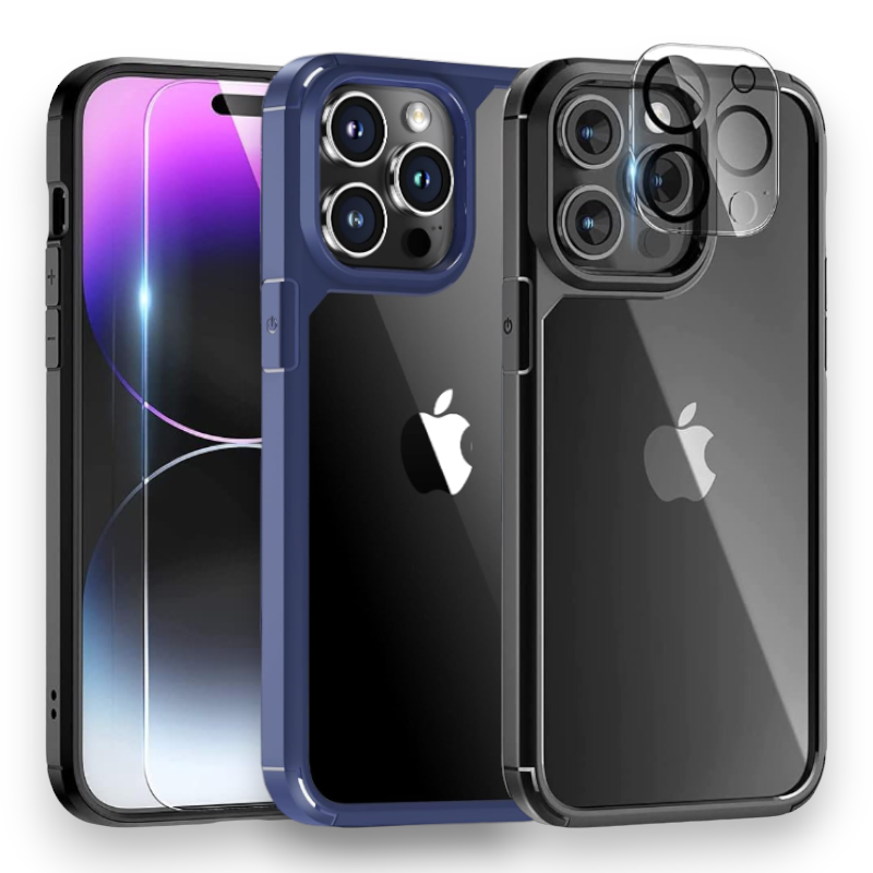 Komplet ovitek "Tauri Shockproof " + zaščitno steklo + zaščita za kamero za iPhone 15 Pro Max – Črna / PC + TPU silikon