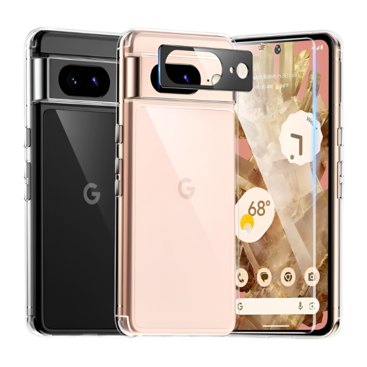 Komplet ovitek "Tauri Classic" + zaščitno steklo + zaščita za kamero za Google Pixel 8 – PC + TPU silikon / Prozorna
