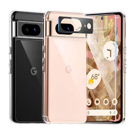 Komplet ovitek "Tauri Classic" + zaščitno steklo + zaščita za kamero za Google Pixel 8 – PC + TPU silikon / Prozorna