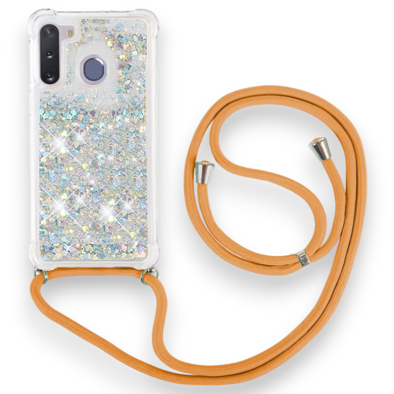 Silikonski ovitek z vrvico "Liquid Glitter" za Samsung Galaxy A21 – Infostyle – Srebrna / TPU silikon