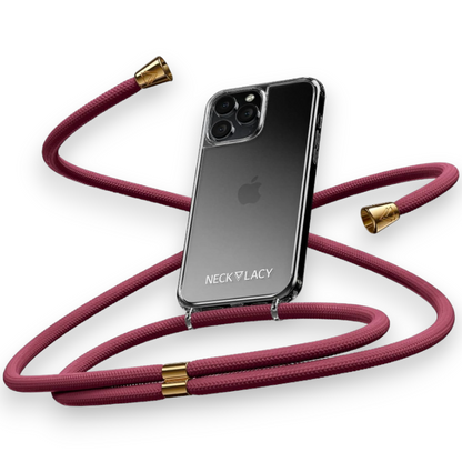 Ovitek z vrvico "NECKLACY premium chain" + zaščita za kamero za iPhone 14 Pro – Črna / PC + TPU silikon