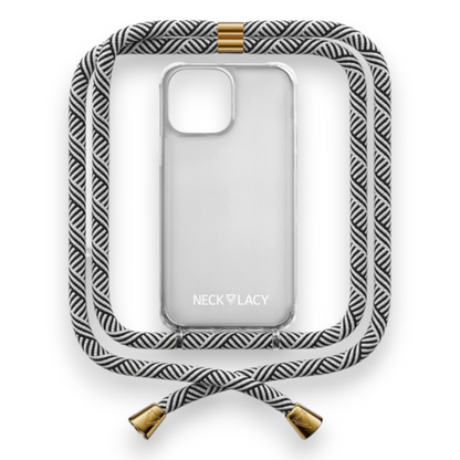 Ovitek z vrvico "NECKLACY premium chain" + zaščita za kamero za iPhone 14 Pro Max – Črna / PC + TPU silikon
