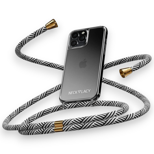 Ovitek z vrvico "NECKLACY premium chain" + zaščita za kamero za iPhone 14 Pro Max – Bela / PC + TPU silikon