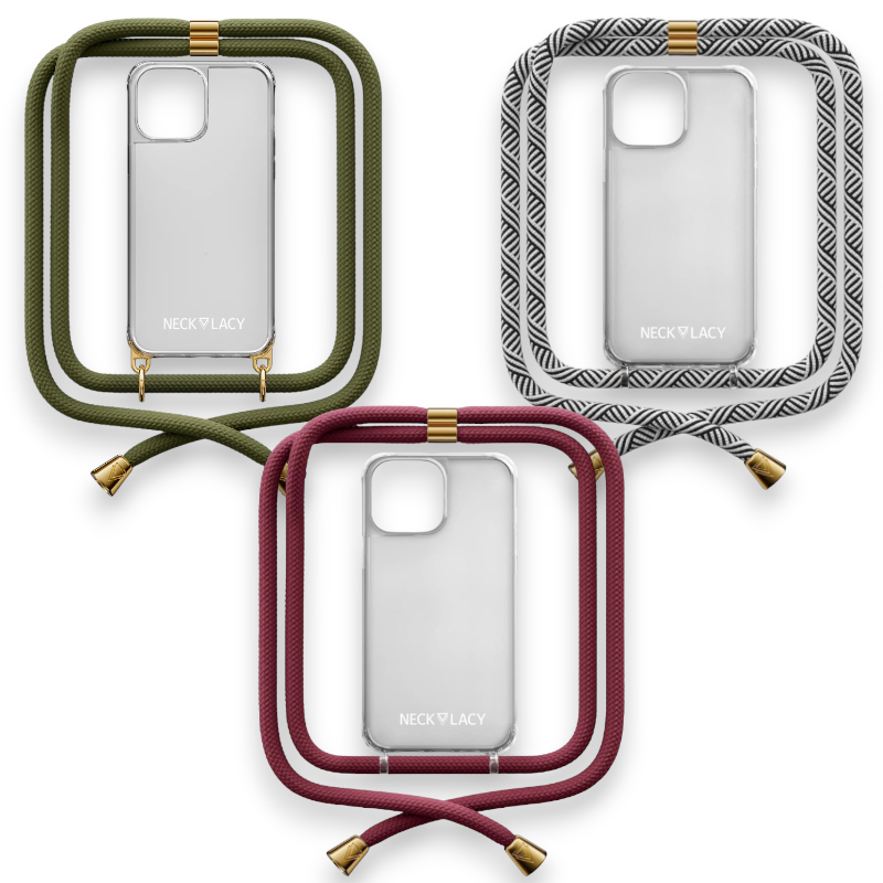 Ovitek z vrvico "NECKLACY premium chain" + zaščita za kamero za iPhone 15 – Bela / PC + TPU silikon