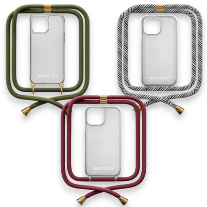 Ovitek z vrvico "NECKLACY premium chain" + zaščita za kamero za iPhone 15 – Bela / PC + TPU silikon