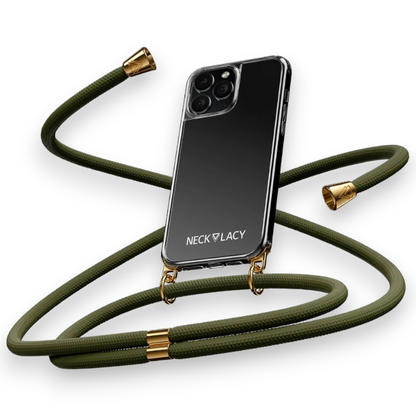 Ovitek z vrvico "NECKLACY premium chain" + zaščita za kamero za iPhone 15 – Temno rdeča / PC + TPU silikon