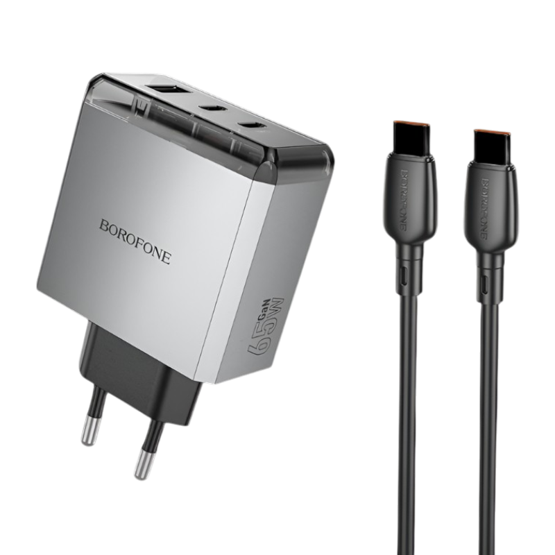 Komplet stenski polnilnik ''BN22 Lena GaN'' - 2xType C + USB - QC 3.0 PD 65W s kablom Type C na Type C – Borofone – Siva
