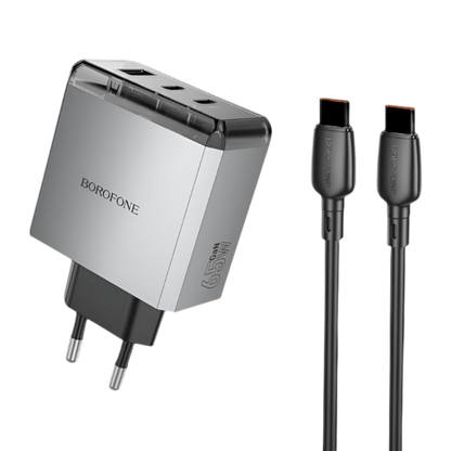 Komplet stenski polnilnik ''BN22 Lena GaN'' - 2xType C + USB - QC 3.0 PD 65W s kablom Type C na Type C – Borofone – Siva