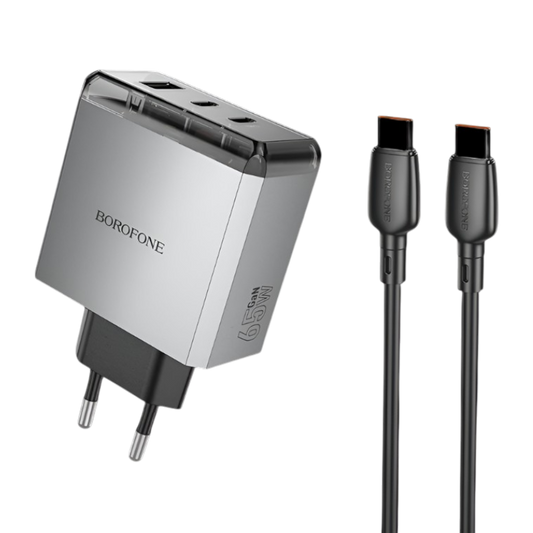 Komplet stenski polnilnik ''BN22 Lena GaN'' - 2xType C + USB - QC 3.0 PD 65W s kablom Type C na Type C – Borofone – Siva