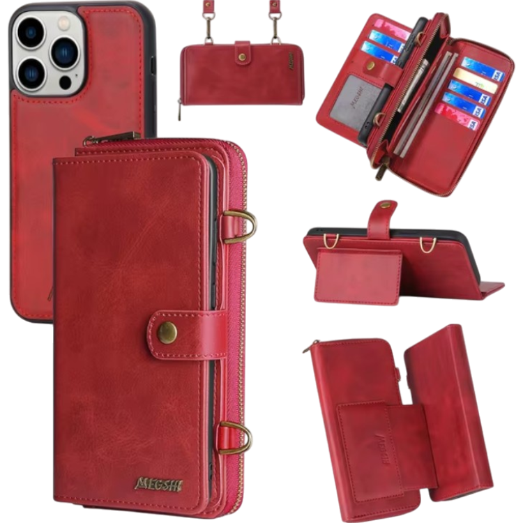 Preklopna torbica z denarnico "Megshi" za iPhone 14 Pro – Rdeča