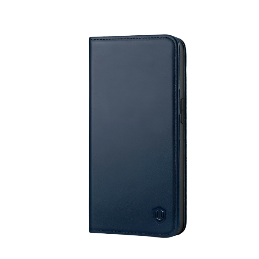 Preklopna torbica "SHIELDON " za iPhone 14 Pro – Vennus – Temno modra / Naravno usnje + TPU silikon