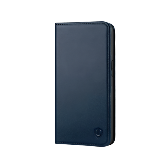 Preklopna torbica "SHIELDON " za iPhone 14 Pro – Vennus – Temno modra / Naravno usnje + TPU silikon