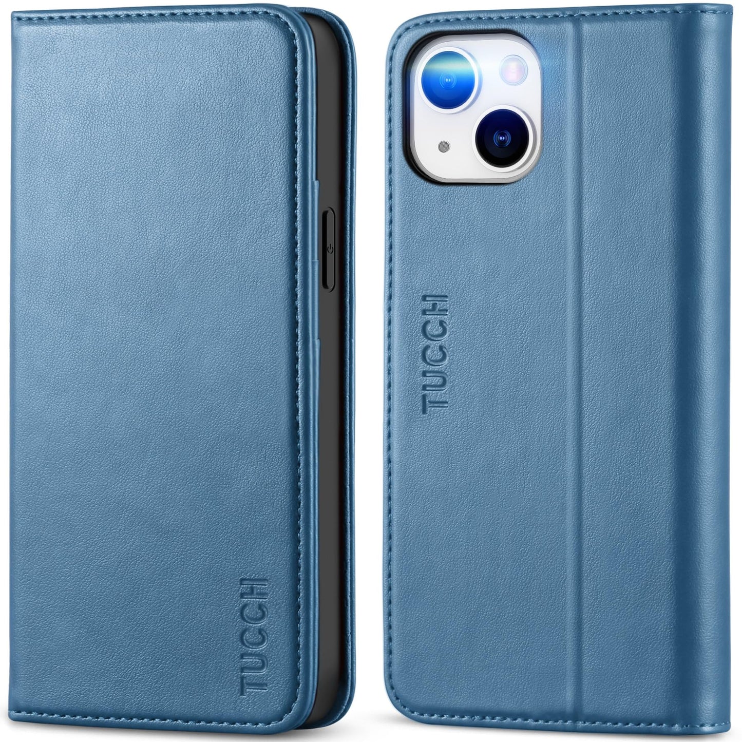 TUCCH usnjena preklopna torbica za iPhone 14 modra