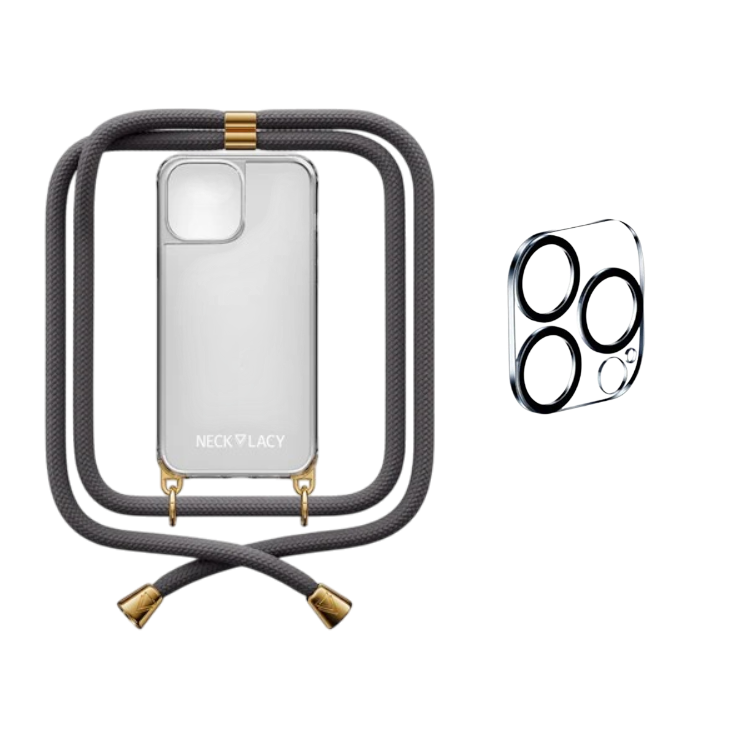 Ovitek z vrvico "NECKLACY®" z zaščito za kamero za iPhone 15 Pro Max – Siva