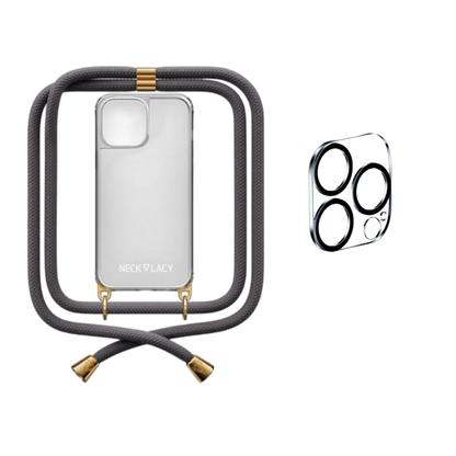Ovitek z vrvico "NECKLACY®" z zaščito za kamero za iPhone 15 Pro Max – Siva