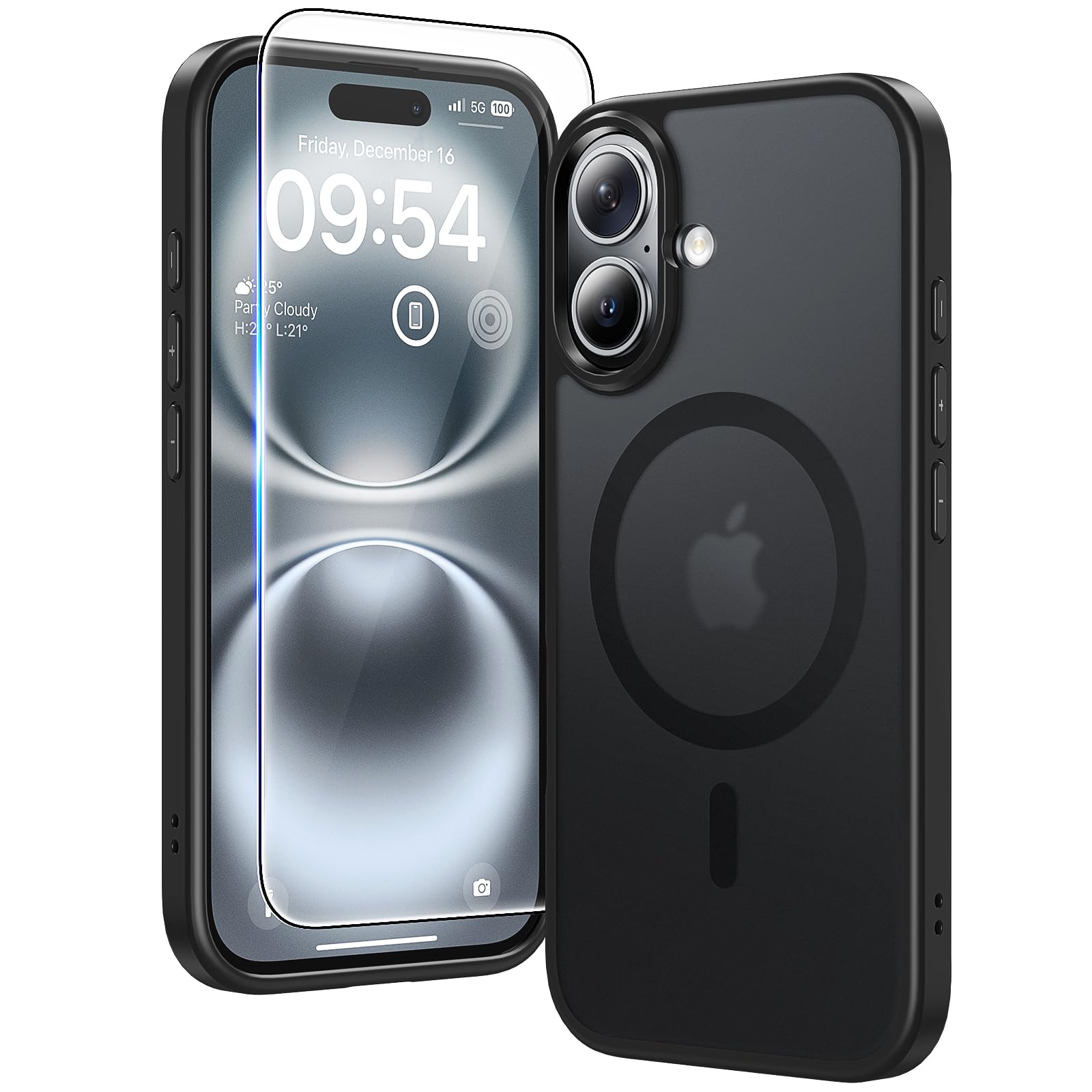 TAURI magnetni ovitek za iPhone 16 Plus mat črna z zaščitnim steklom