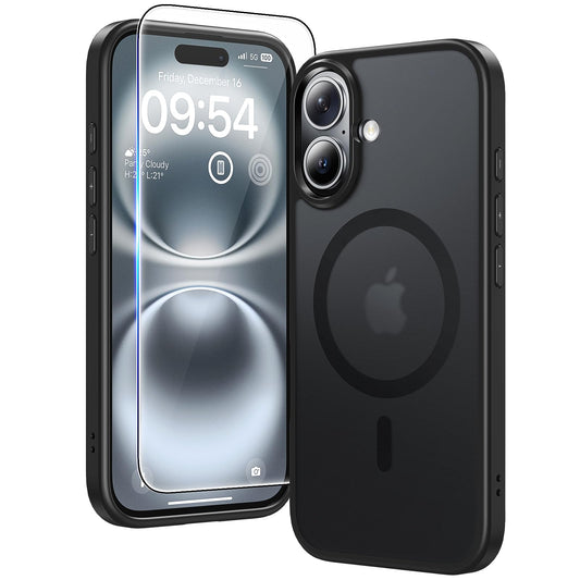 TAURI magnetni ovitek za iPhone 16 Plus mat črna z zaščitnim steklom