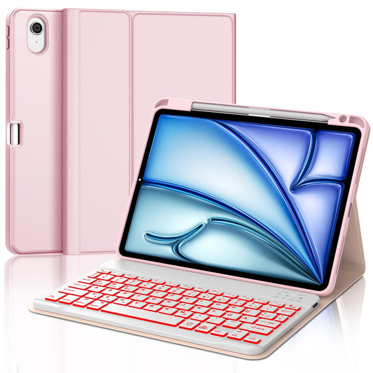 IVEOPPE ovitek s tipkovnico za iPad Air 11 2025 M3 M2 roza Bluetooth tipkovnica 7 barvna osvetlitev