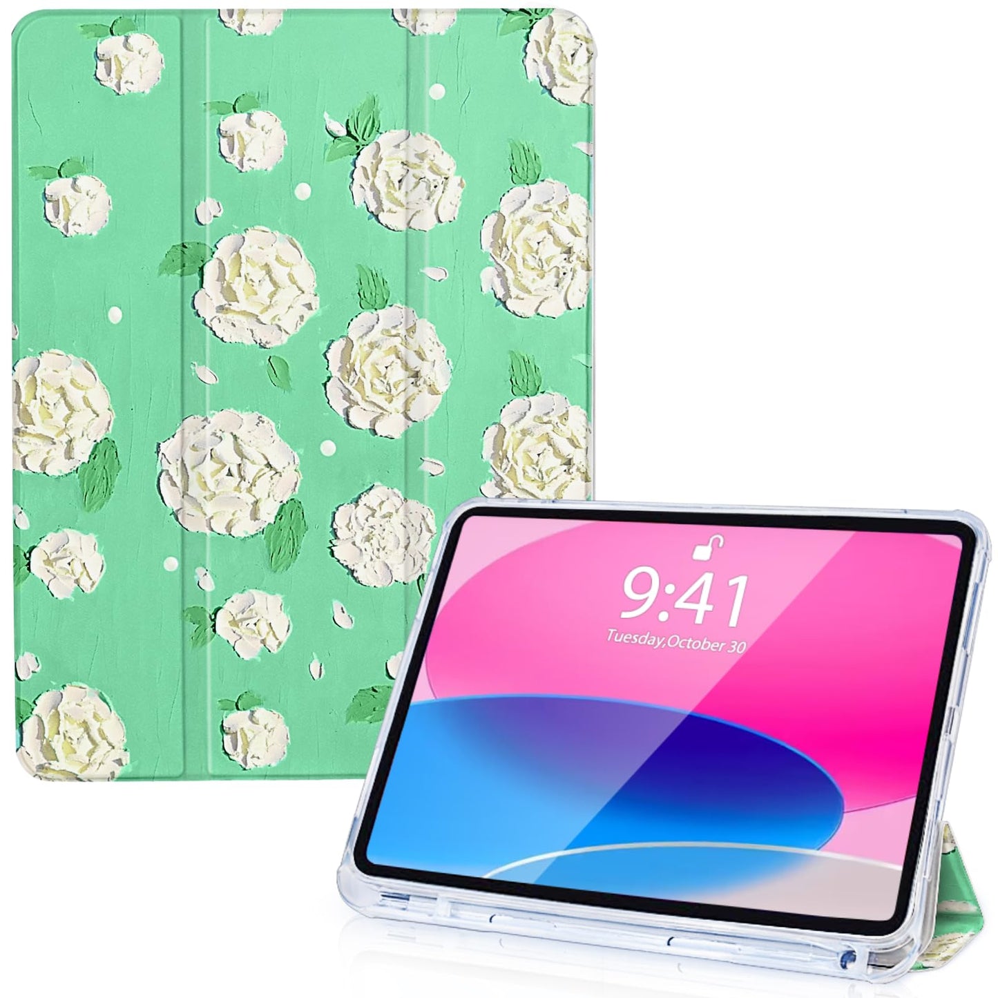 Ovitek za iPad Air 11 M2 2024 / Air 5 / Air 4 10.9 – Držalo za Pisalo, Samodejno Prebujanje, Zeleni Cvetlični Vzorec
