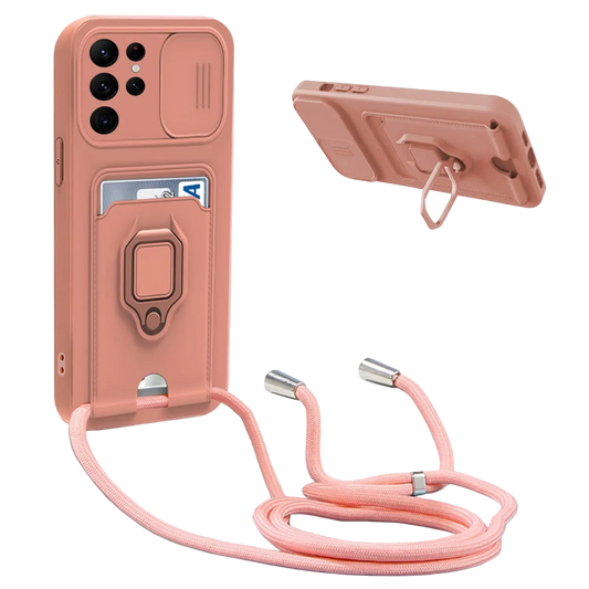 BigCousin ovitek za Samsung Galaxy S22 Ultra z zaščito kamere in 360° vrtljivim stojalom v roza barvi