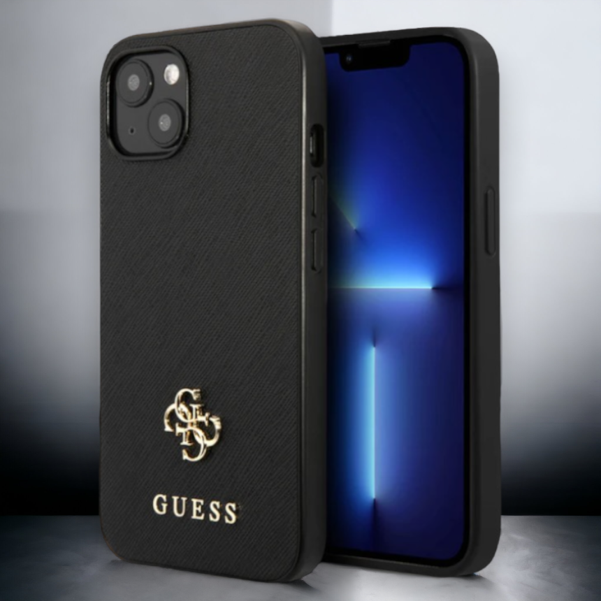 Ovitek Guess "black mini 3D" za iPhone 13/14/15 (GUHCP13MPS4MK) – Črna / PC + TPU silikon + Ekološko usnje