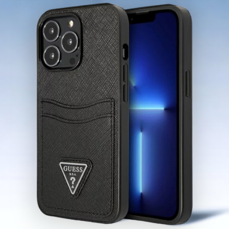 Ovitek Guess "Saffiano Triangle Logo" za iPhone 13 Pro - črna (GUHCP13LPSATPK) – Črna / PC + TPU silikon + Ekološko usnj