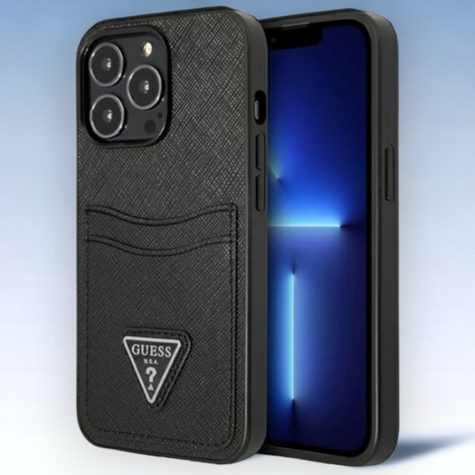 Ovitek Guess "Saffiano Triangle Logo" za iPhone 13 Pro - črna (GUHCP13LPSATPK) – Črna / PC + TPU silikon + Ekološko usnj