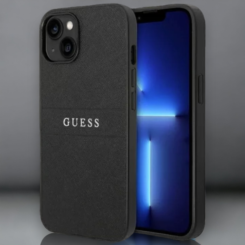 Ovitek Guess "silver black" za iPhone 14 Plus/ 15 Plus (GUHCP14MPSASBBK) – Črna / PC + TPU silikon + Ekološko usnje