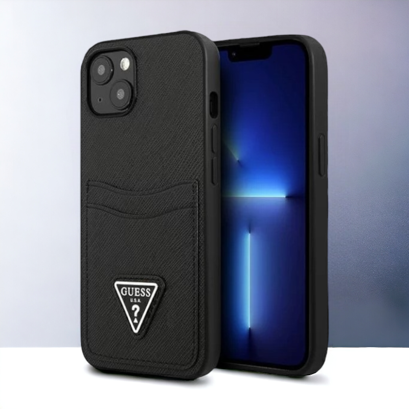 Ovitek Guess "Saffiano Triangle Logo" za iPhone 13/14/15 - črna (GUHCP13MPSATPK) – Črna / PC + TPU silikon + Ekološko us