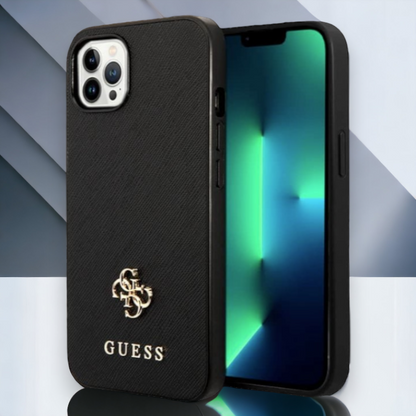 Ovitek Guess "black mini 3D" za iPhone 13 Pro (GUHCP13LPS4MK) – Črna / PC + TPU silikon + Ekološko usnje