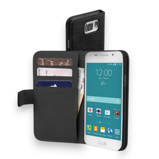 Preklopna torbica "Book Agenda" za Samsung Galaxy S6 – Cellularline – Črna / Umetno usnje + TPU silikon