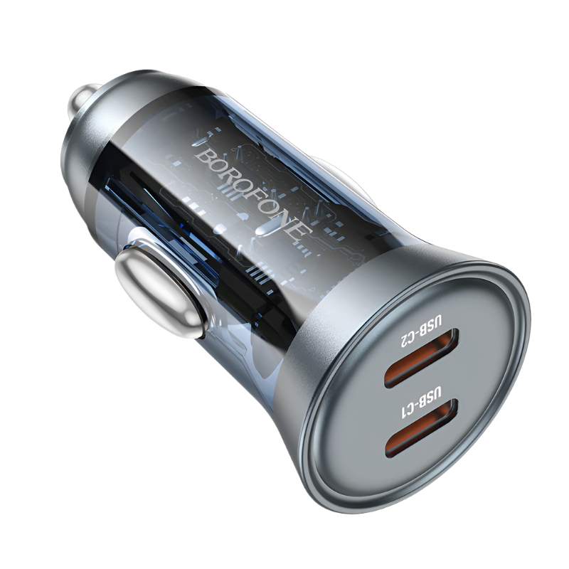 Avto polnilec 2x Type C 45W – Borofone – Prozorna