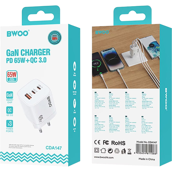 BWOO CDA147 65W polnilni adapter s 2x USB‑C in 1x USB izhodi v beli barvi - skatla