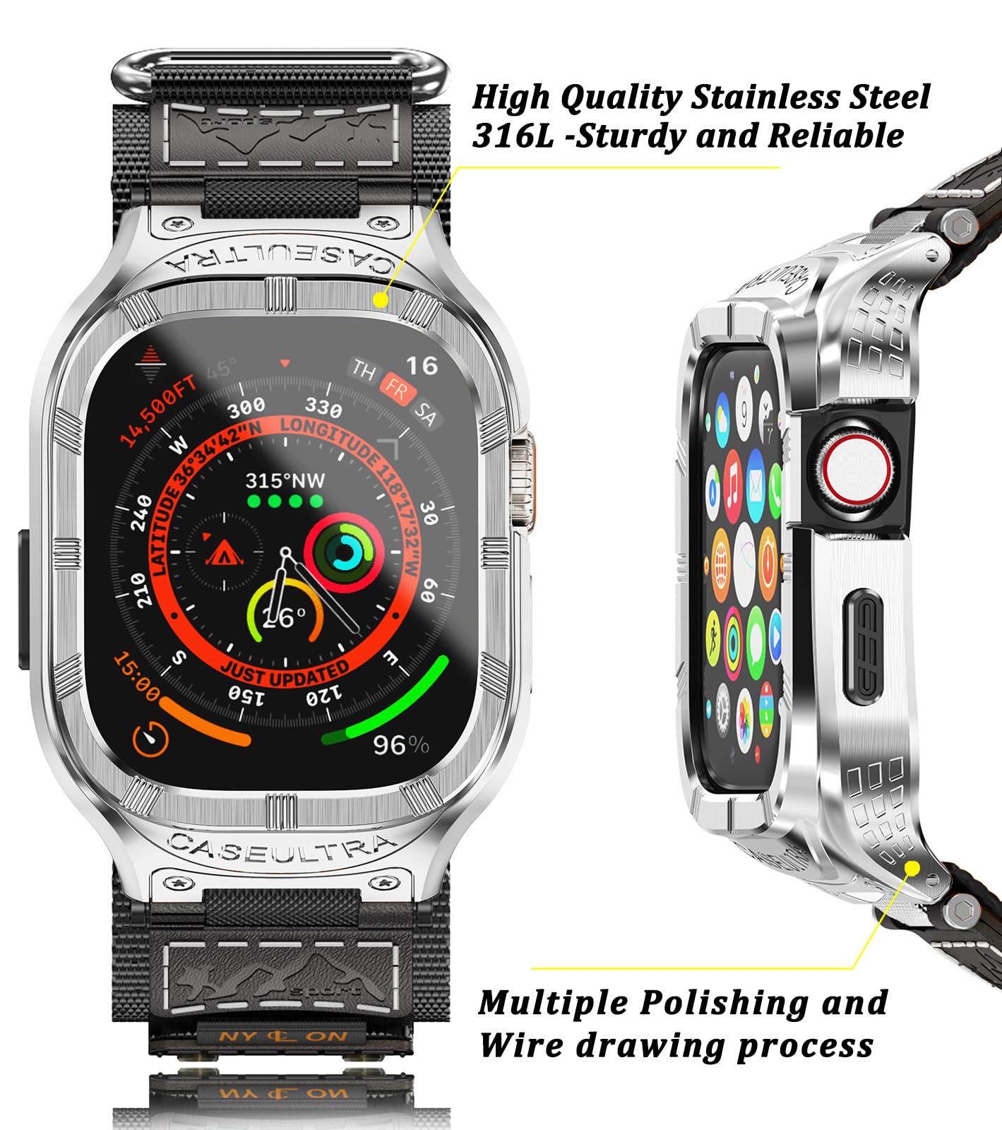 Caseultra Kovinsko Ohišje z Najlonskim Športnim Paščkom za Apple Watch 45mm/44mm/42mm, Robustna Zaščita Series 9/8/7/6/5/4/3/2/1/SE črna