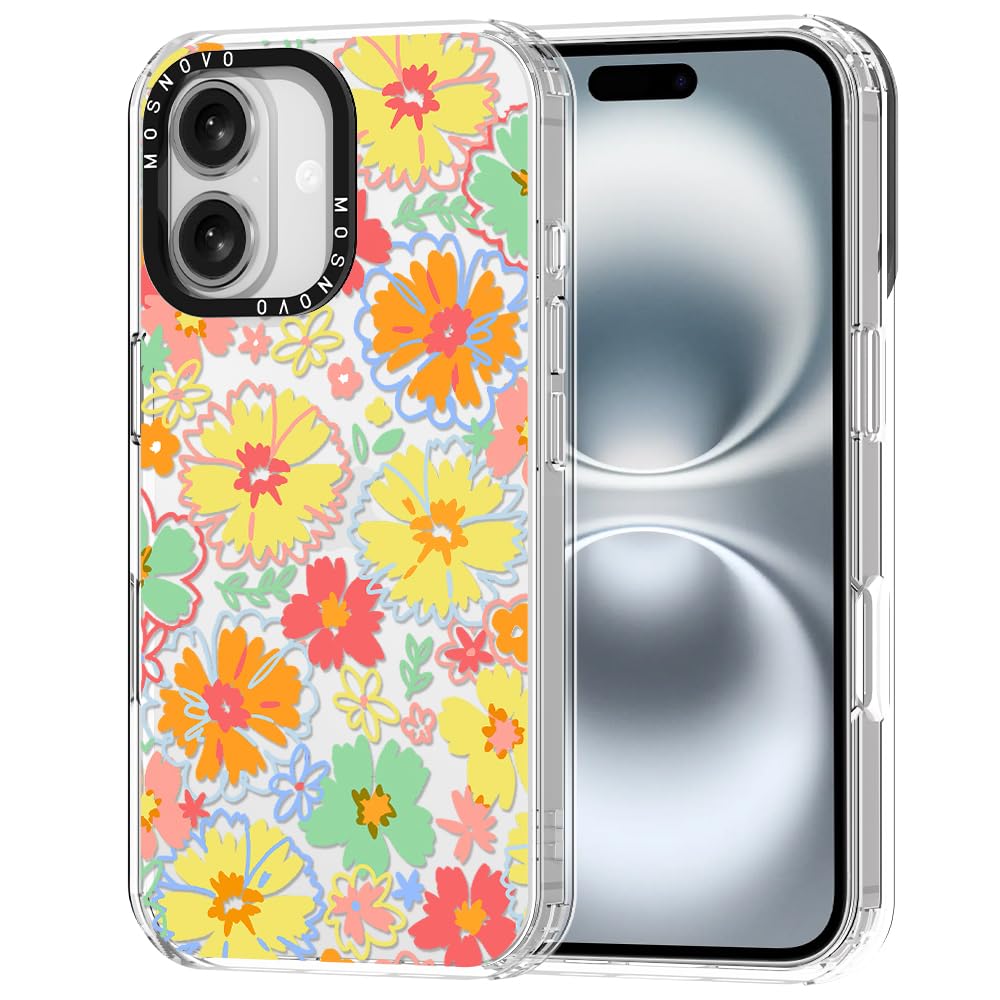 Ovitek MOSNOVO za iPhone 16 Boho Hippie Flowers, boho cvetlični dizajn z učinkovito zaščito telefona