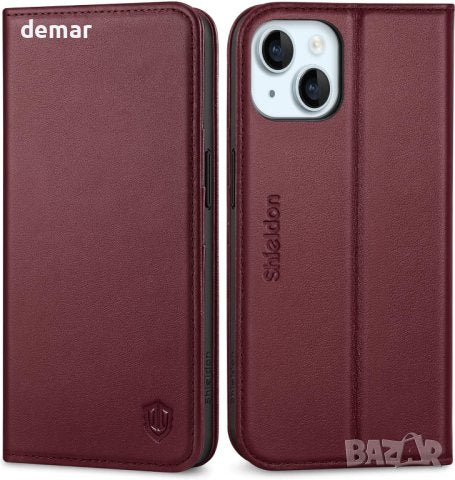 SHIELDON Leather Flip Case for iPhone 15 – RFID Wallet + Stand (Wine Red)