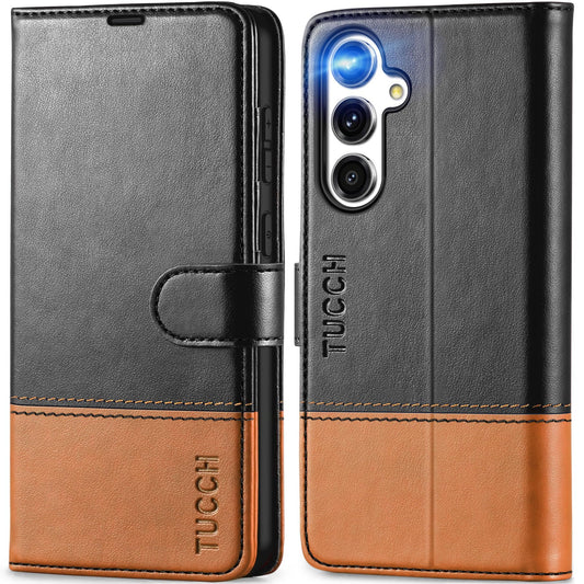 TUCCH usnjena preklopna torbica za Samsung S24 FE črna rjava