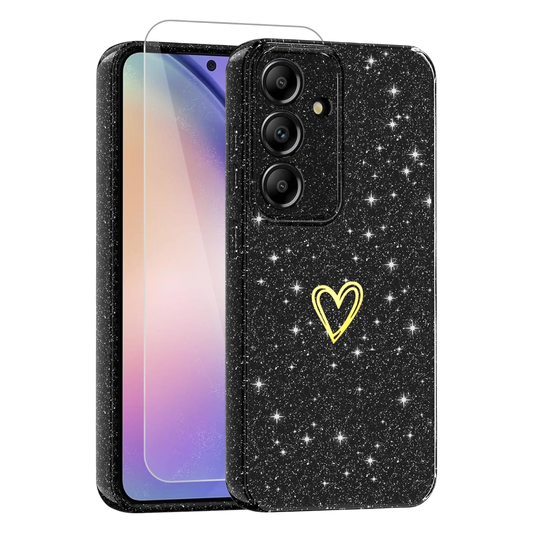 Glitter Scandi ovitek in zaščitno steklo za Samsung Galaxy A14 črna eleganten bleščeč etui z zaščito zaslona