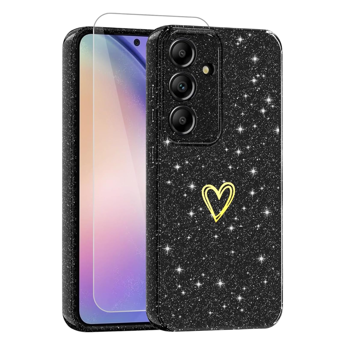 Glitter Scandi ovitek in zaščitno steklo za Samsung Galaxy S23 črna eleganten bleščeč etui z zaščito zaslona