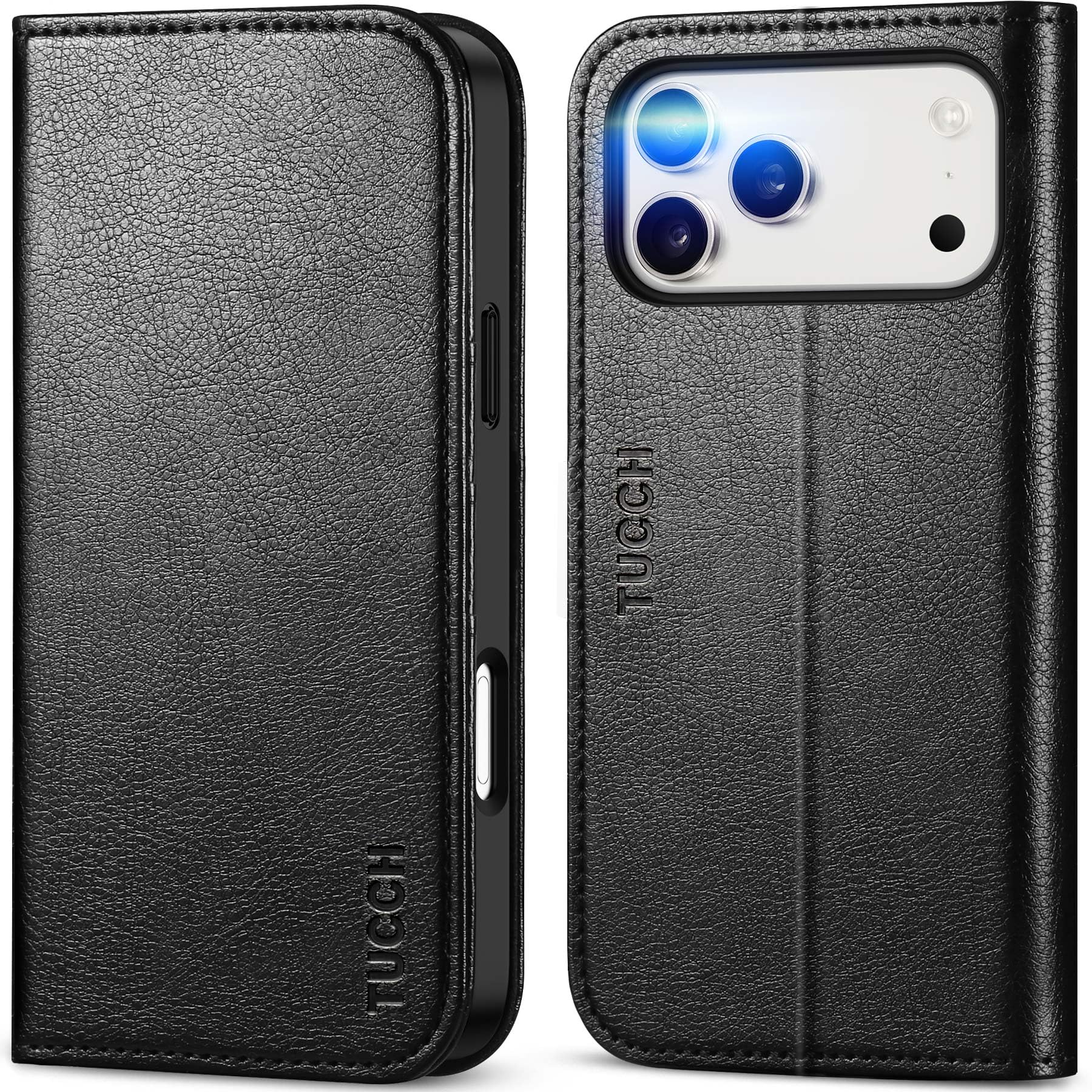 TUCCH usnjena preklopna torbica za iPhone 17 Pro Max teksturirano črna