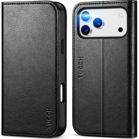 TUCCH usnjena preklopna torbica za iPhone 17 Pro Max teksturirano črna