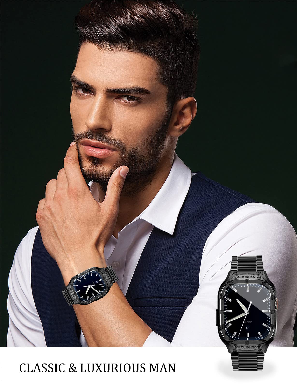 Caseultra Kovinsko Ohišje in Pašček za Apple Watch 45mm/44mm/42mm, Nerjaveče Jeklo, Robustna Zaščita za Series 9/8/7/6/5/4/SE/3/2/1
