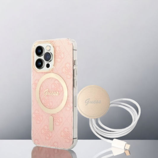 Guess komplet ovitek + polnilec (MagSafe) "pink" za iPhone 13 Pro (GUBPP13LH4EACSP) – Svetlo roza / TPC + PC