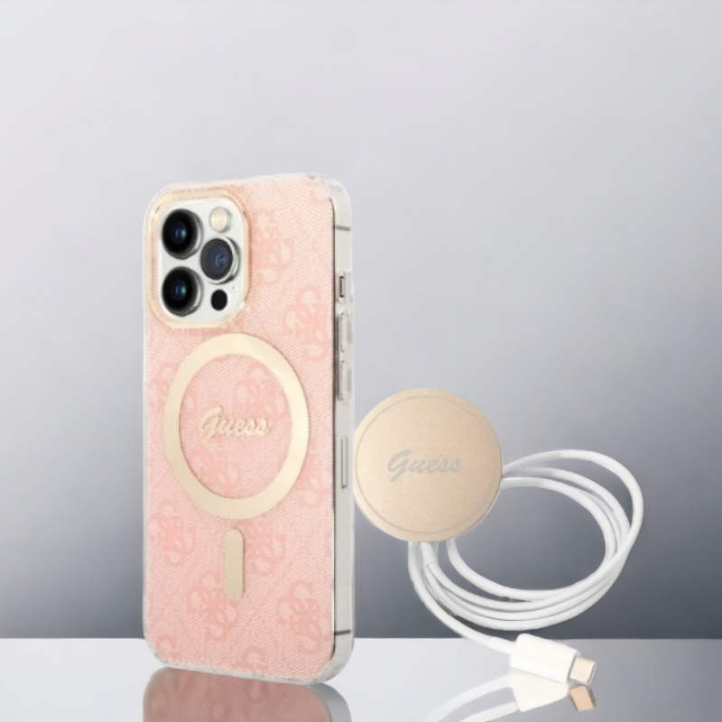 Guess komplet ovitek + polnilec (MagSafe) "pink" za iPhone 14 Pro Max (BUGUHMP14XH4EACSP) – Svetlo roza / TPC + PC