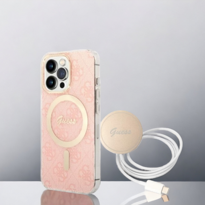 Guess komplet ovitek + polnilec (MagSafe) "pink" za iPhone 14 Pro (BUGUHMP14LH4EACSP) – Svetlo roza / TPC + PC