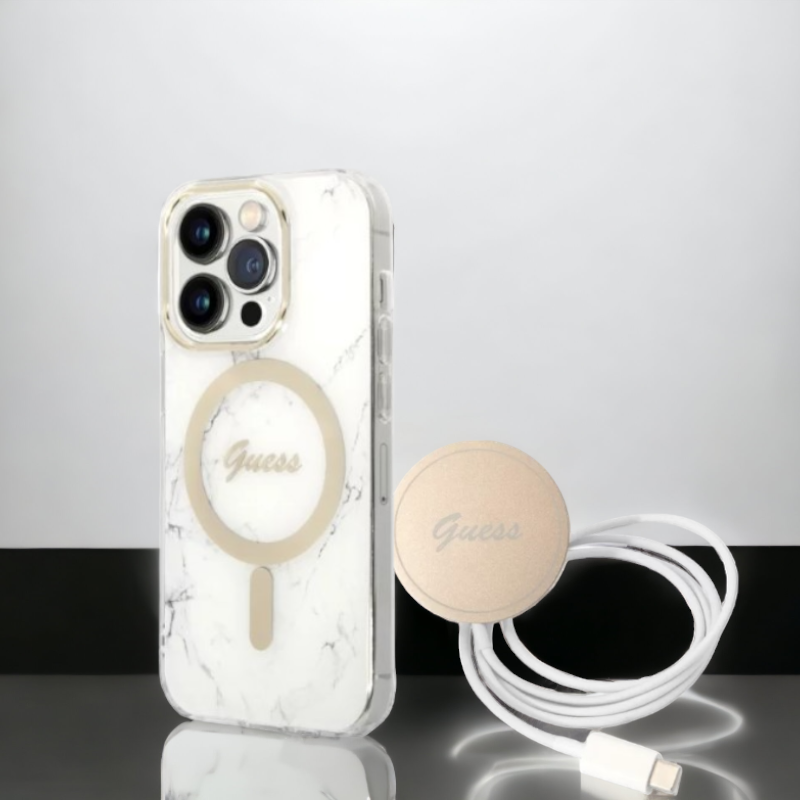 Guess komplet ovitek + polnilec (MagSafe) "Marble white" za iPhone 14 Pro (GUBPP14LHMEACSH) – Bela / TPC + PC