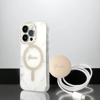 Guess komplet ovitek + polnilec (MagSafe) "Marble white" za iPhone 14 Pro (GUBPP14LHMEACSH) – Bela / TPC + PC