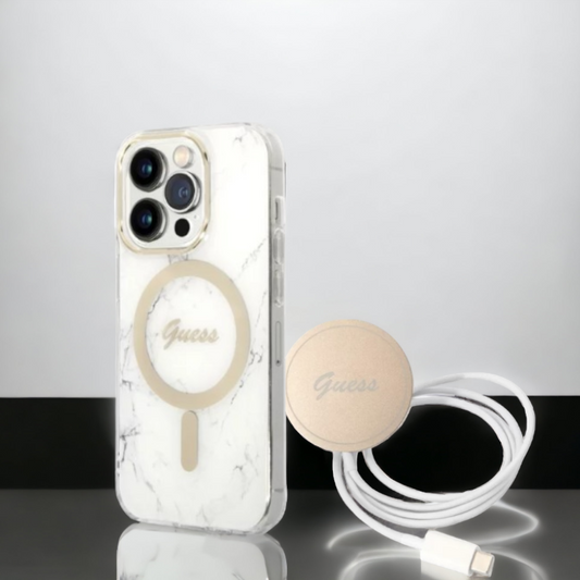 Guess komplet ovitek + polnilec (MagSafe) "Marble white" za iPhone 14 Pro (GUBPP14LHMEACSH) – Bela / TPC + PC