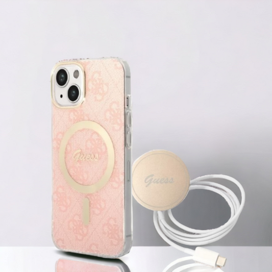 Guess komplet ovitek + polnilec (MagSafe) "pink" za iPhone 14 Plus/ 15 Plus (GUBPP14MH4EACSP) – Svetlo roza / TPC + PC